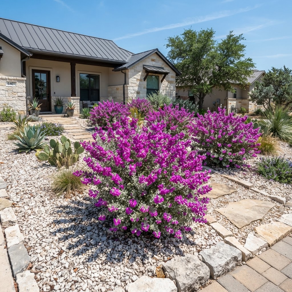 Purple-flowering Texas sage cenizo in full bloom in a sunny xeriscape yard