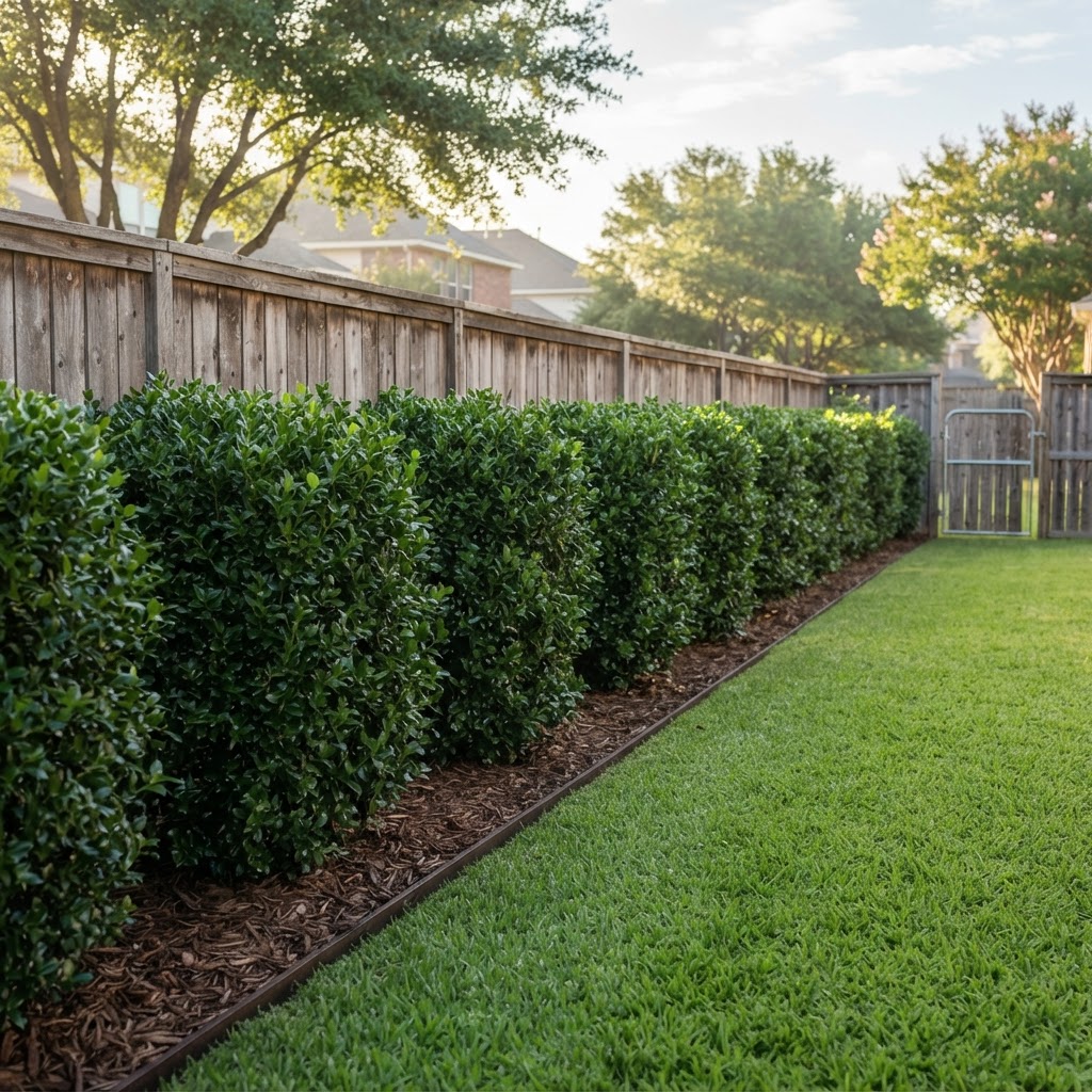 Dense green Nellie R Stevens holly hedge border along a suburban backyard fence