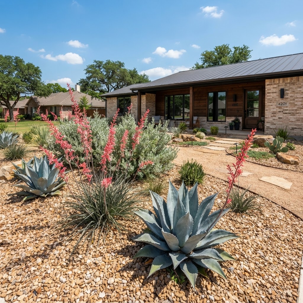 Drought-tolerant North Texas xeriscape with blue agave, red yucca, and Texas sage in river rock gravel