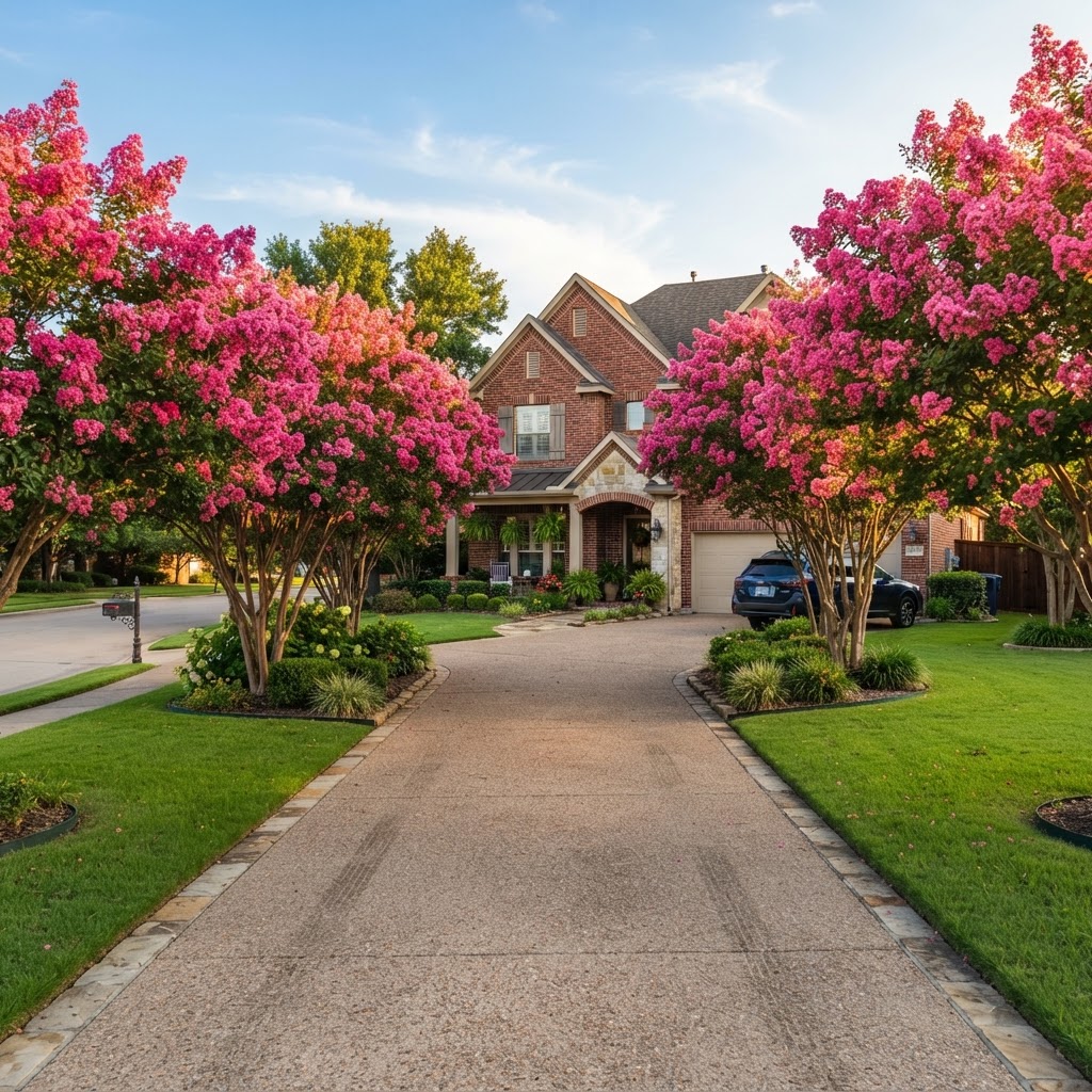Pink blooming crepe myrtle trees lining a North Texas residential driveway