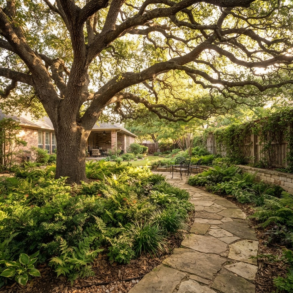 Mature live oak canopy shading a North Texas backyard garden with ferns and stone pathway