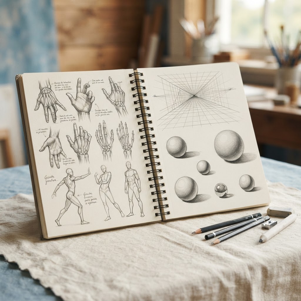 Estudos de desenho com lápis de grafite, anatomia e luz e sombra
