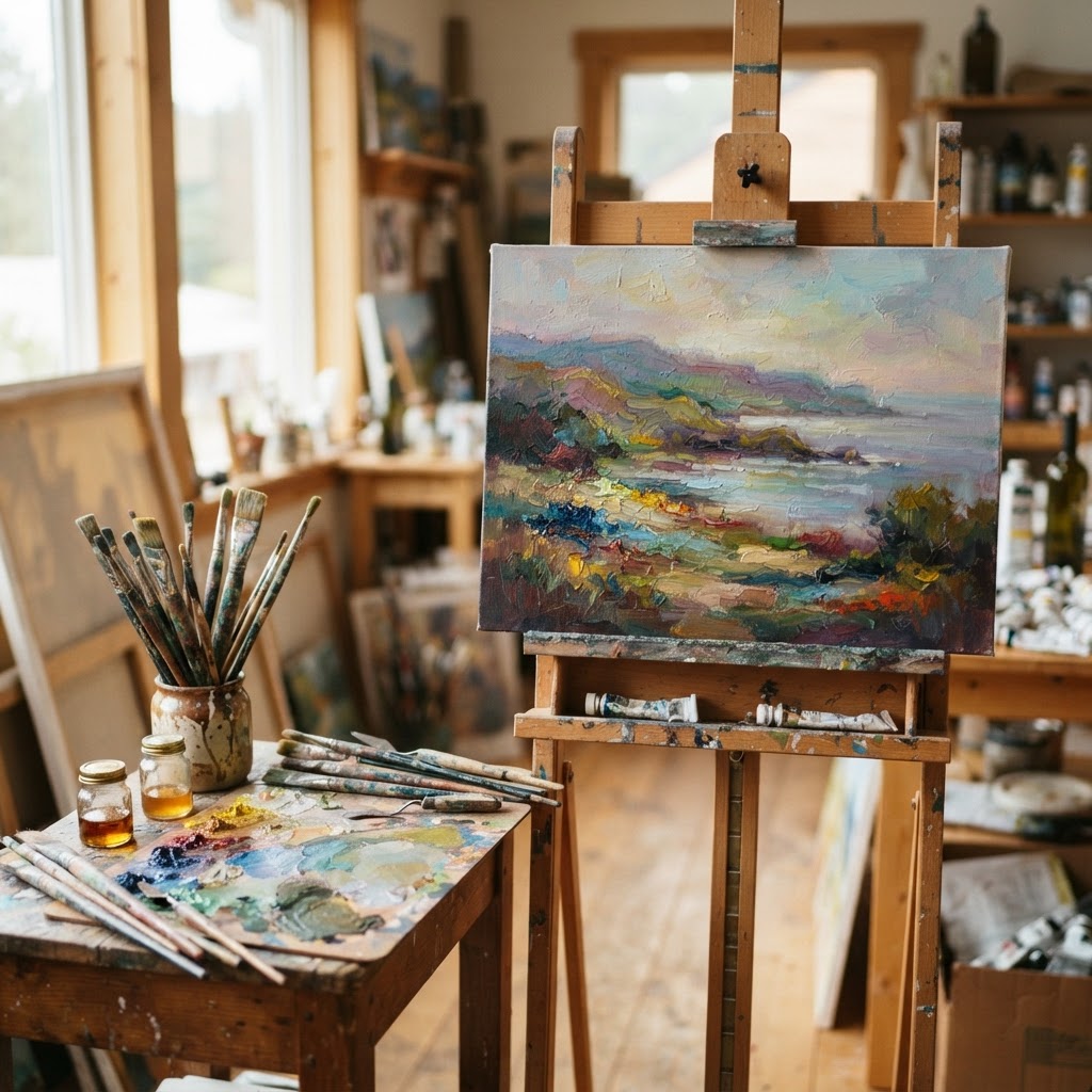 Tela com pintura a óleo em progresso