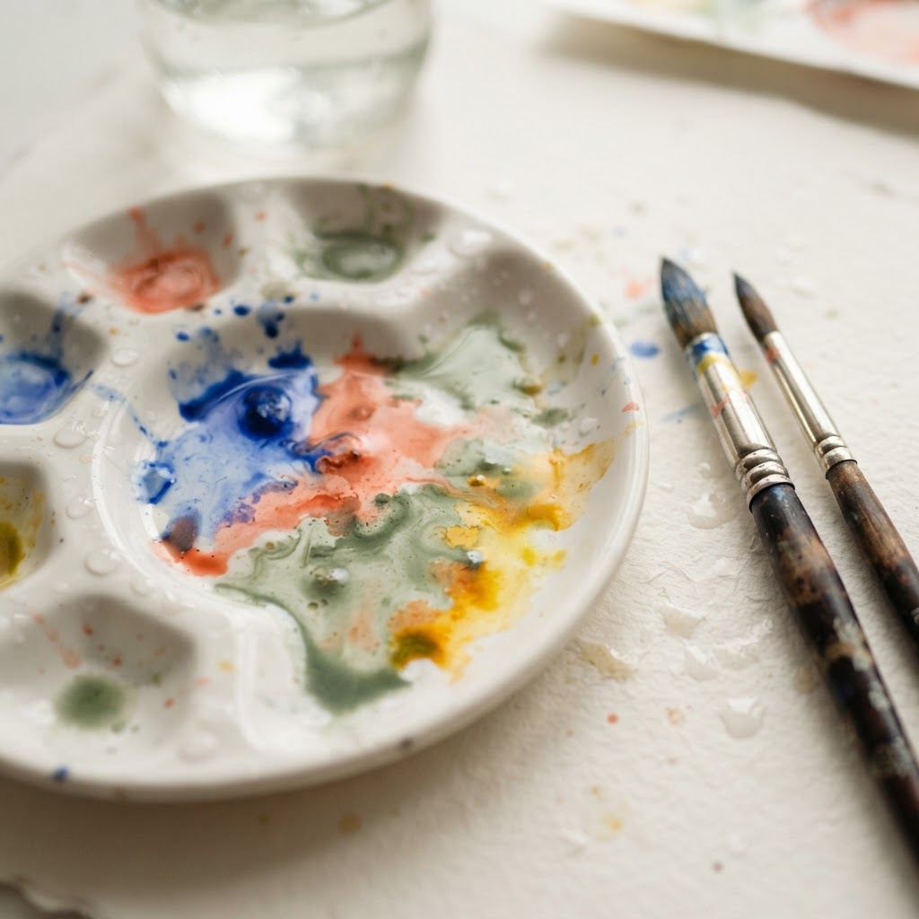 Paleta de tintas aquarela com pincéis de sable sobre papel de algodão