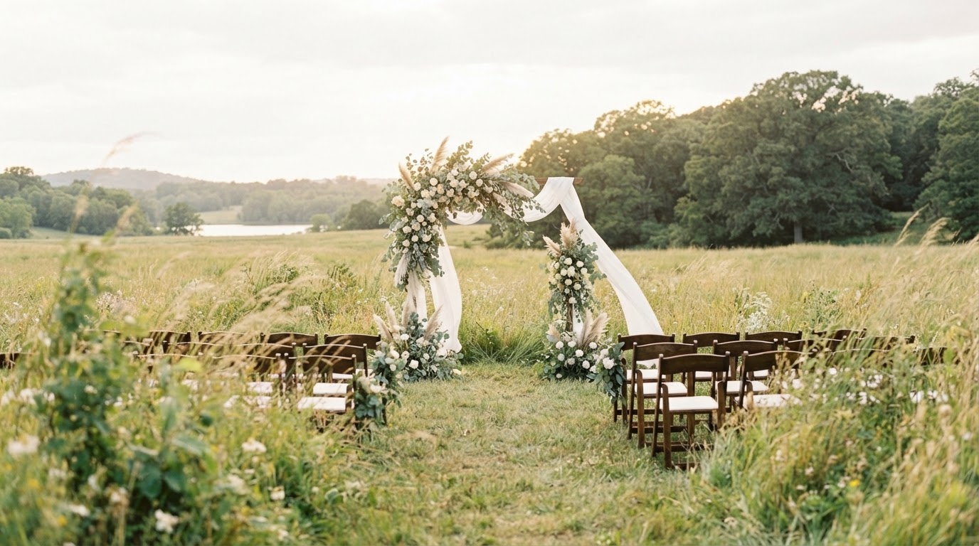 Elegant outdoor wedding ceremony setup with floral arch in a sunlit meadow