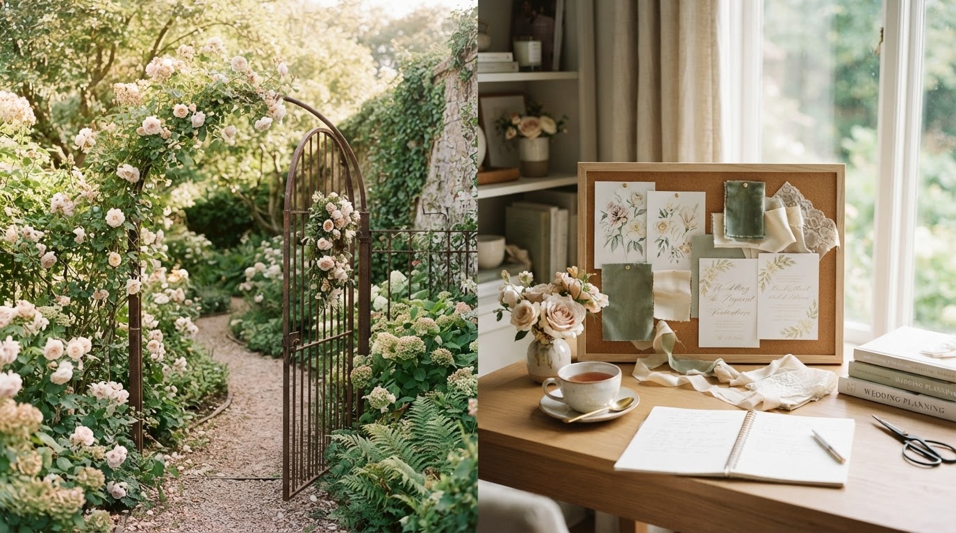 Elegant workspace with floral mood boards and fabric swatches