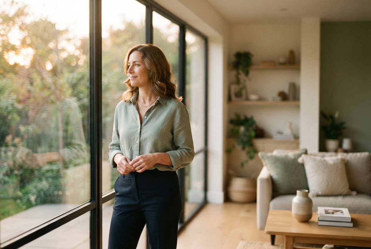 Caregiver looking out window with calm accomplishment