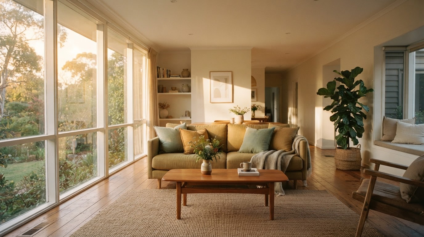 Peaceful sunlit living room with warm natural light
