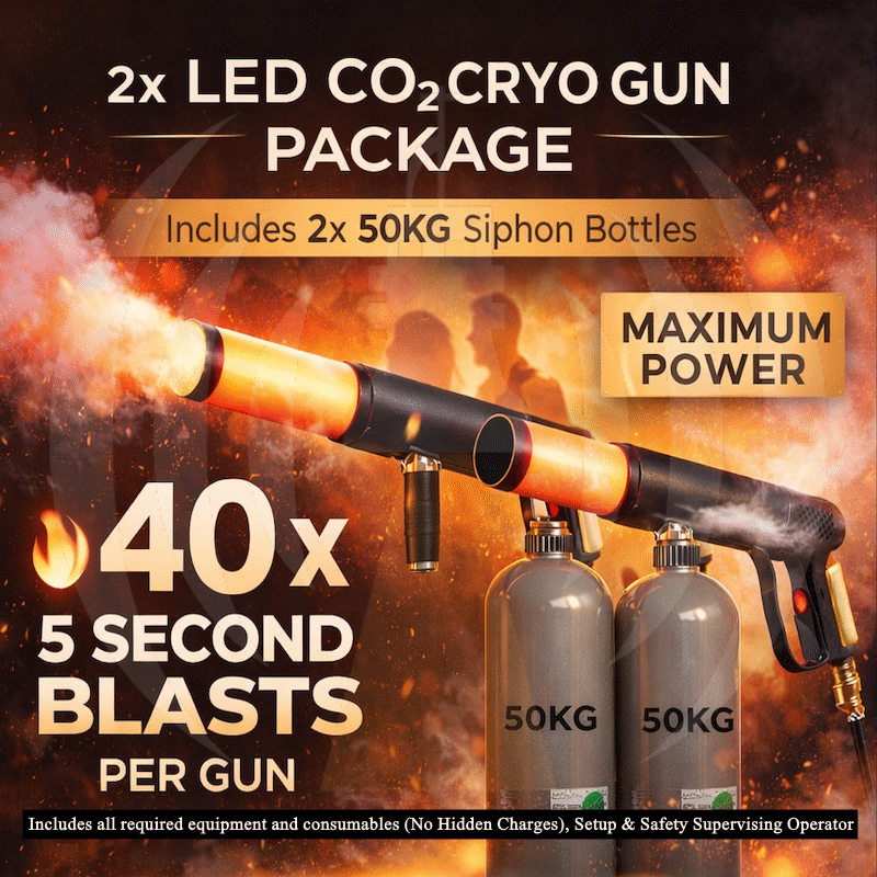 Twin Guns: 40x 5 Sec Blasts 'FESTIVAL' Package (2x 50KG CO2 Cylinders)