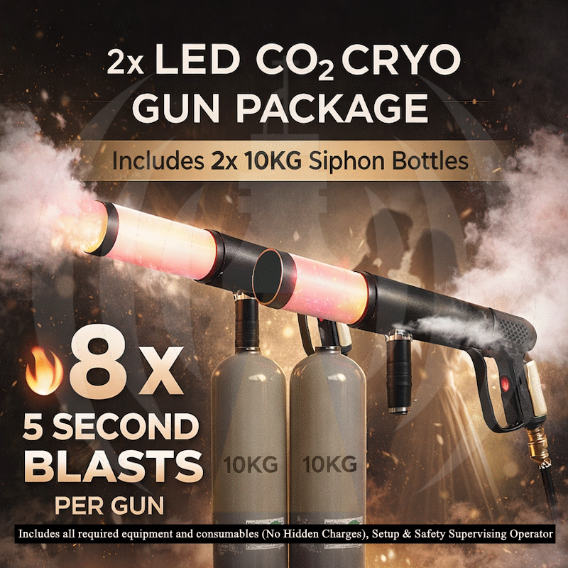 Twin Guns: 8x 5 Sec Blasts 'FIRST DANCE' Package (2x 10KG CO2 Cylinders)
