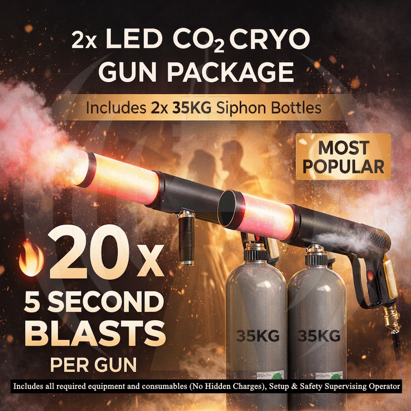 Twin Guns: 20x 5 Sec Blasts 'PARTY' Package (2x 35KG CO2 Cylinders)