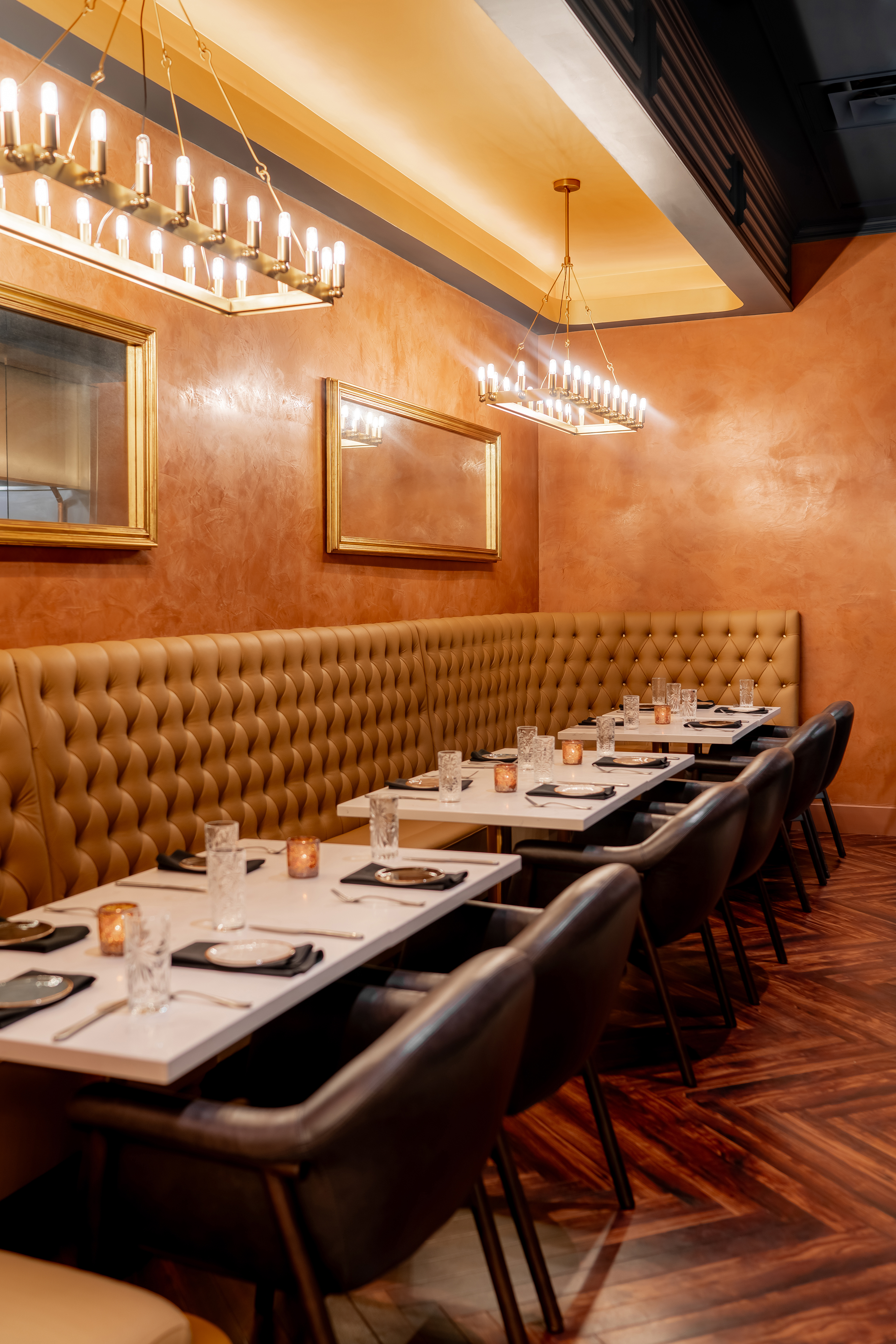 Tufted booth dining room inside Barley & Smoke