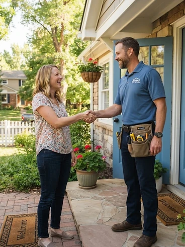 Friendly handyman warmly greeting happy homeowner at front porch