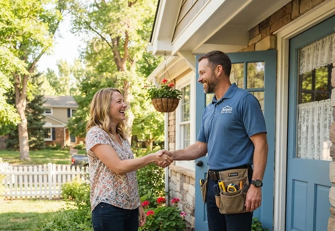 Friendly handyman warmly greeting happy homeowner at home
