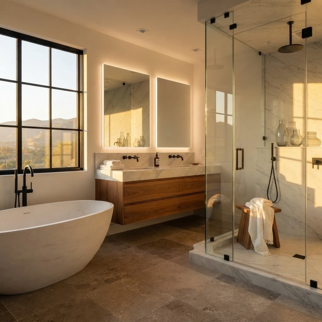 Master Bathroom: Marble slab walls, a freestanding tub and a walk-in shower. Waterproofed, tiled and plumbed by our own team. High-end finish, done right.