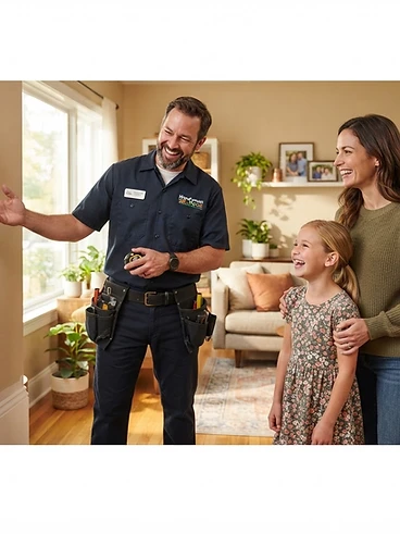 Cheerful handyman showing finished home repair to happy mother and daughter