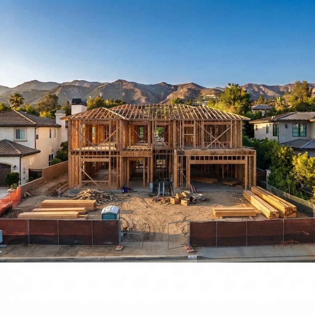 Structural Framing: Walls, floor joists and roof rafters go up to the engineer's plan, with shear walls and hold-downs for Southern California seismic code.