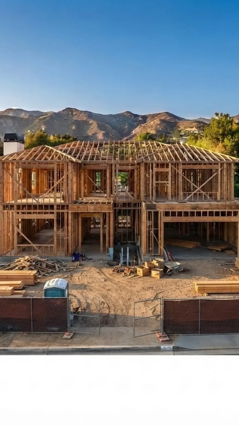 Structural Framing: Walls, floor joists and roof rafters go up to the engineer's plan, with shear walls and hold-downs for Southern California seismic code.