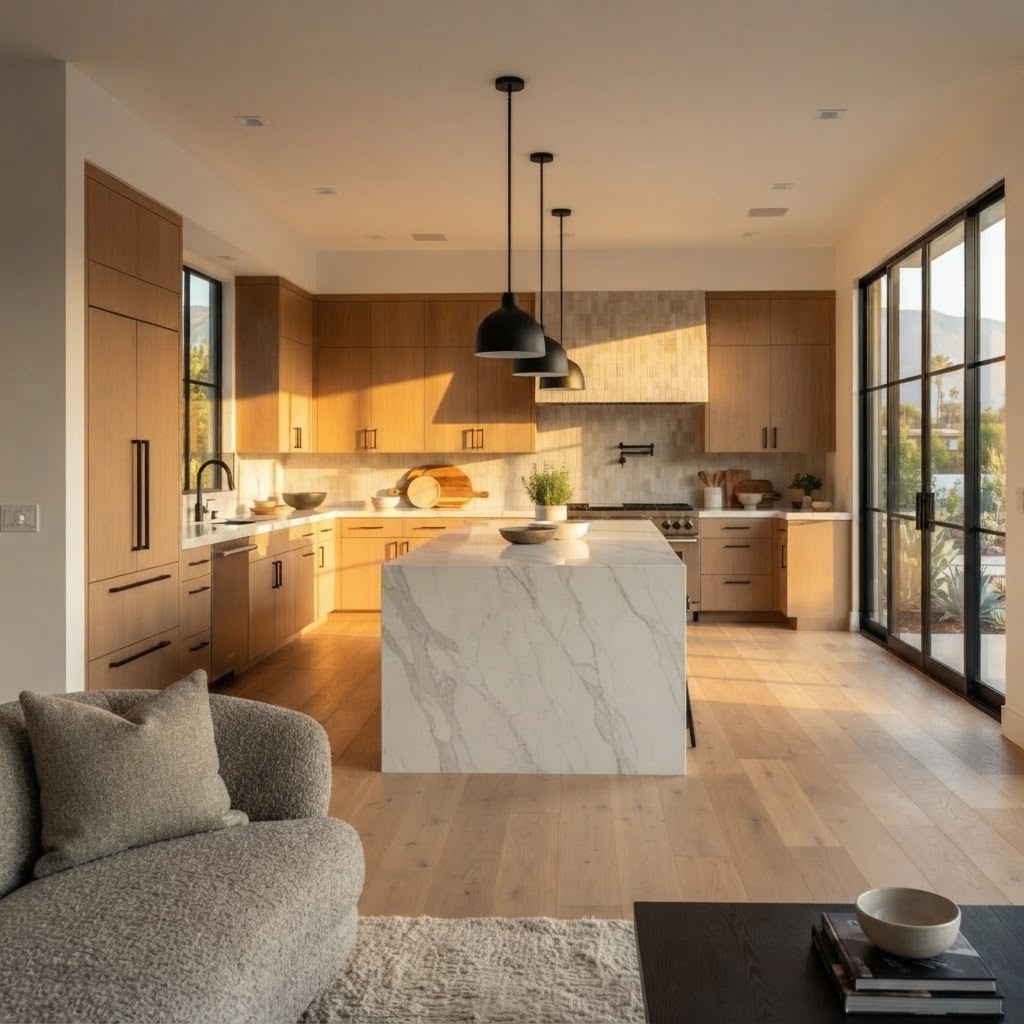 L-Shaped Chef's Kitchen: A big L-shaped layout around a waterfall-stone center island. Custom cabinetry, paneled appliances and lighting we lay out with you.