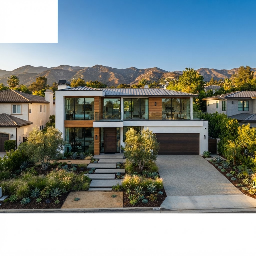Exterior Finishes: Smooth stucco, oak cladding, driveway and drought-tolerant landscaping. The outside is done, and it looks like it belongs on the street.