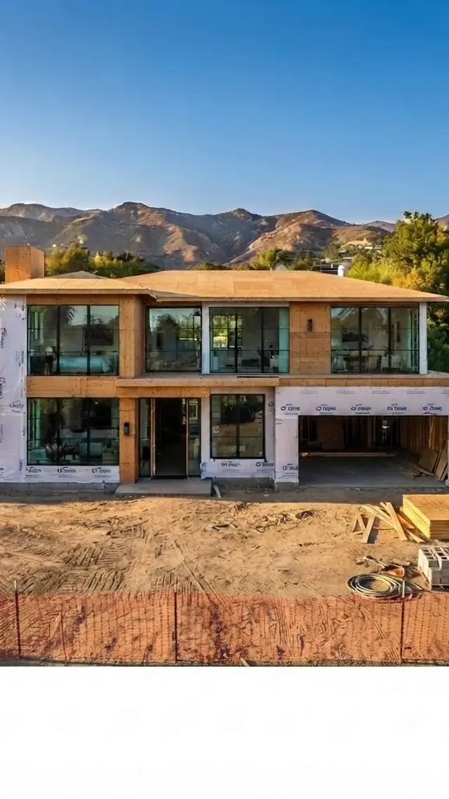 Windows and Doors: Sheathing, house wrap and flashed openings, then the black-framed windows and the pivot entry door. The house is now sealed against the weather.