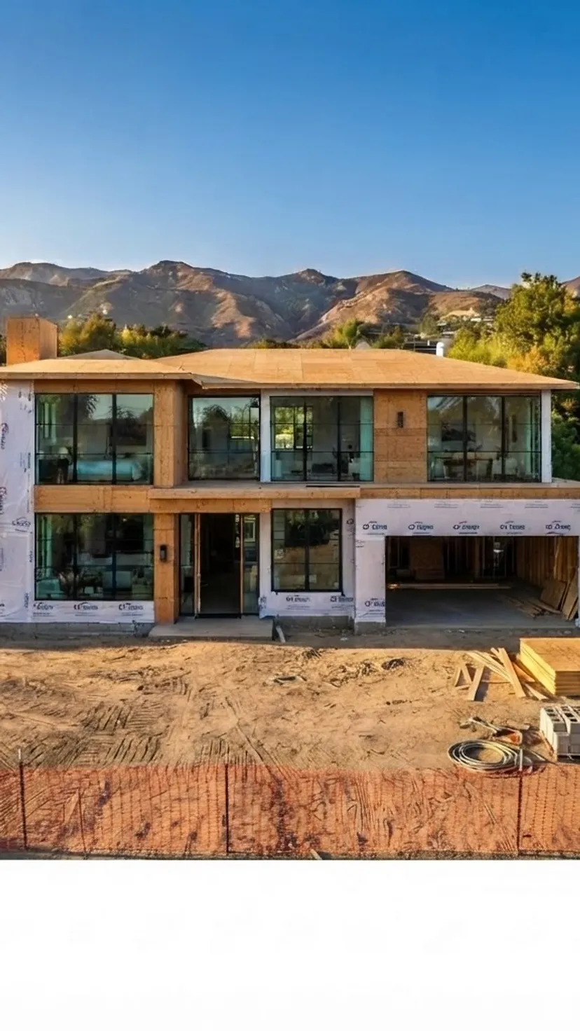 Windows and Doors: Sheathing, house wrap and flashed openings, then the black-framed windows and the pivot entry door. The house is now sealed against the weather.