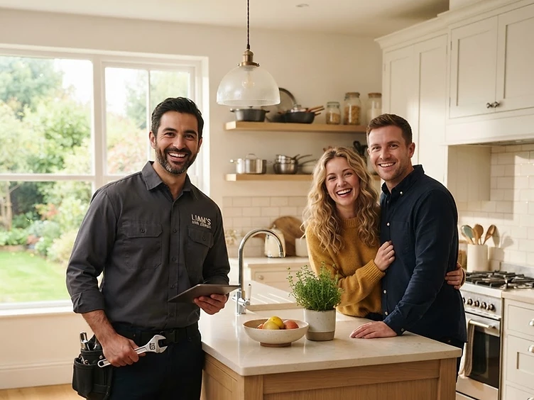 Friendly smiling handyman standing beside a happy homeowner couple in their warm sunlit kitchen