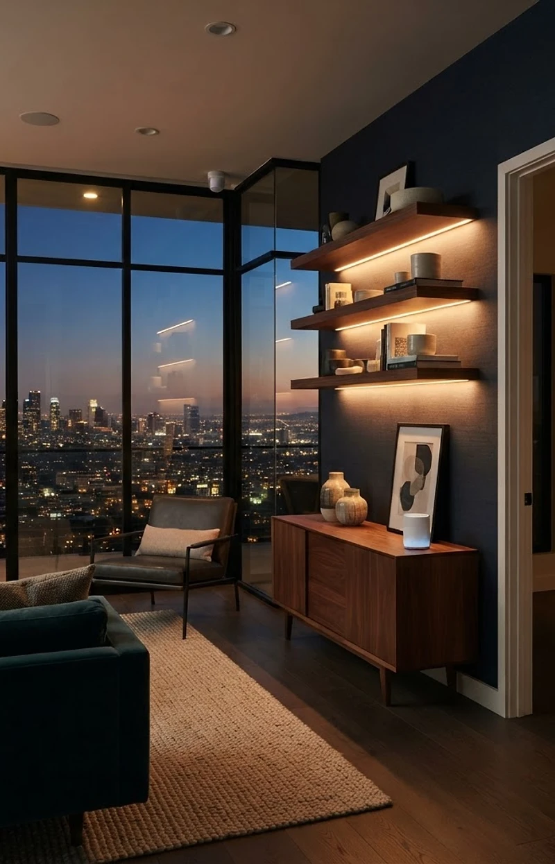 Modern Los Angeles living room with smart lighting and a wall keypad
