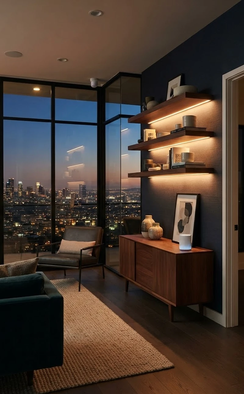 Modern Los Angeles living room with smart lighting and a wall keypad