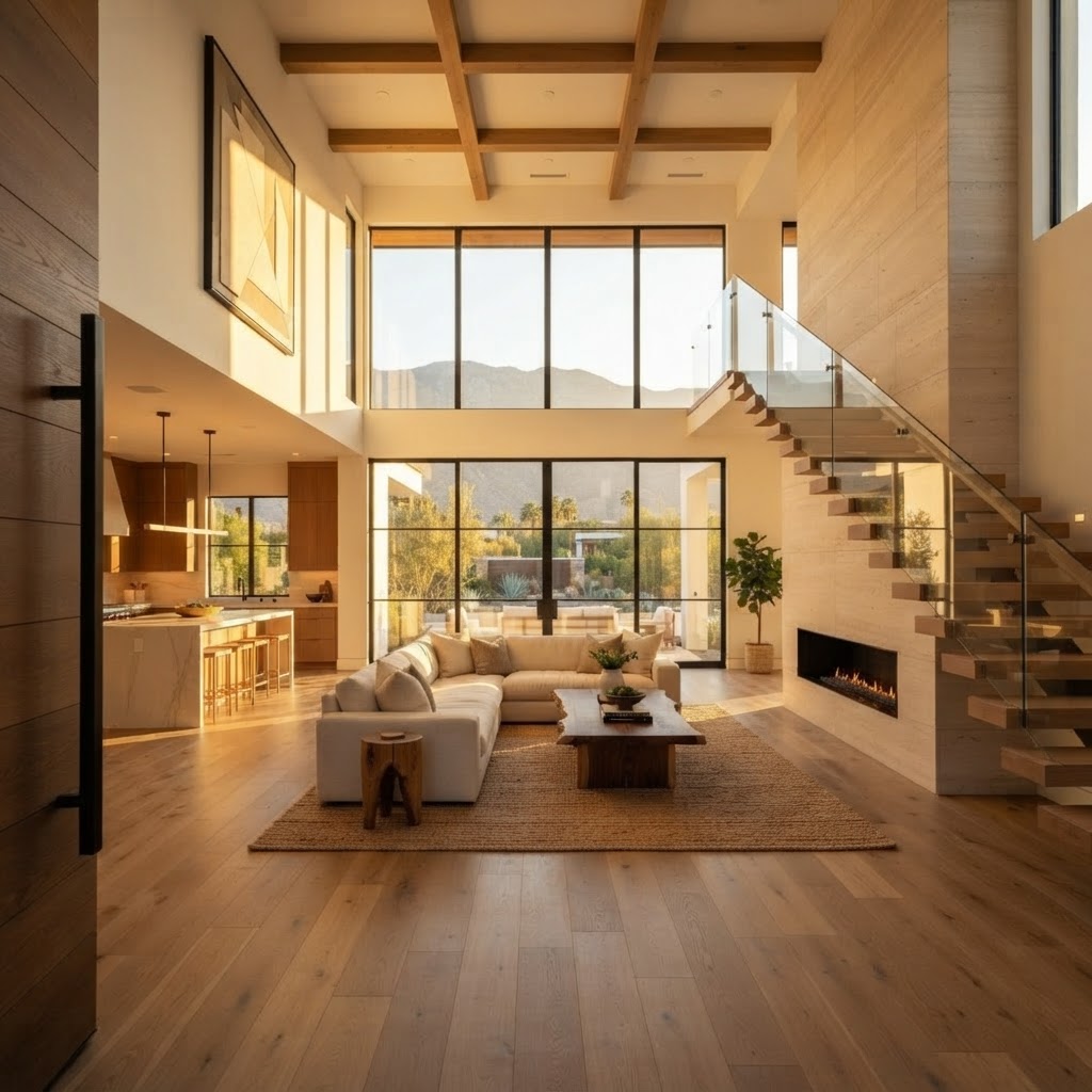 Open Living Space: Double-height ceilings, white oak floors and floor-to-ceiling glass. Electrical, HVAC and insulation are all hidden behind finish-grade drywall.
