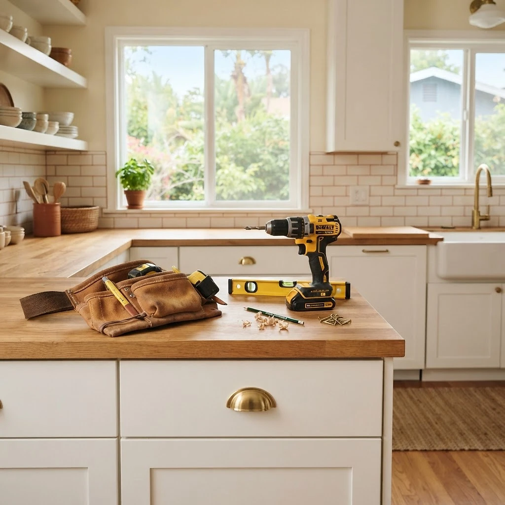 Tool belt and drill on a kitchen counter in a bright Los Angeles home