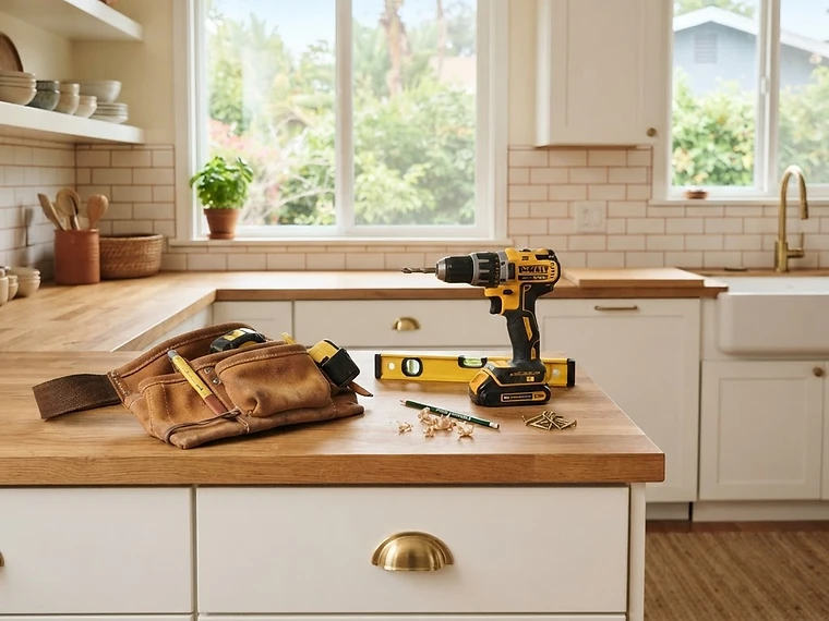 Tool belt and drill on a kitchen counter in a bright Los Angeles home