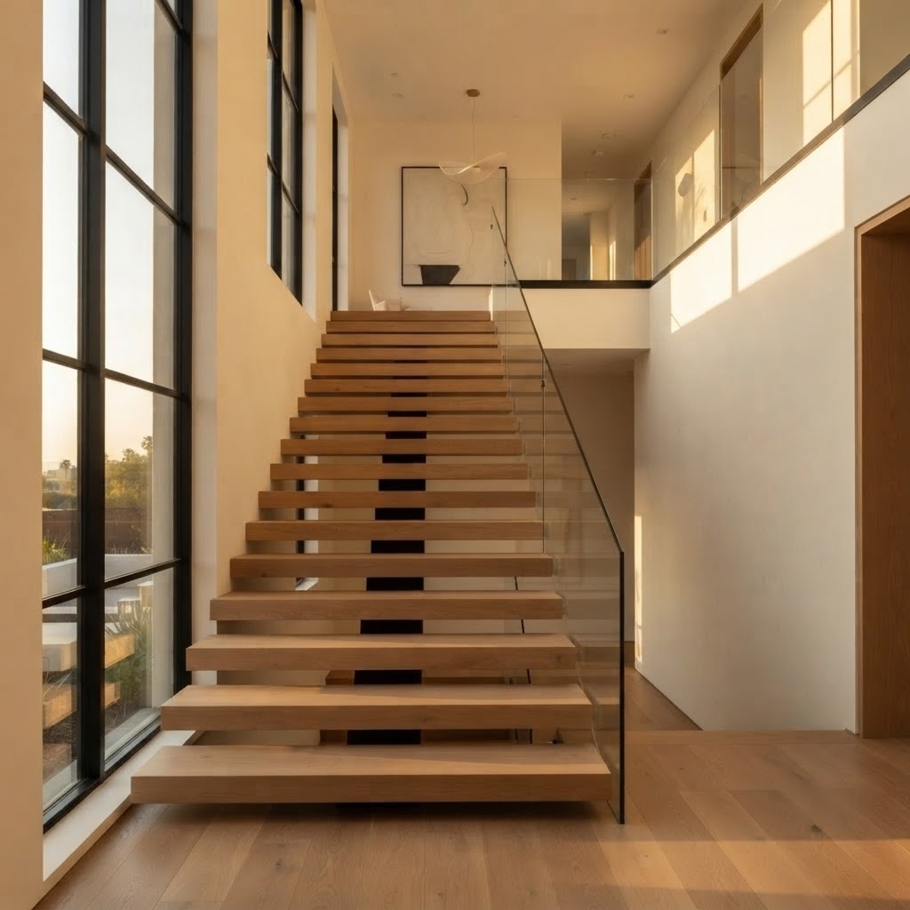 Up the Stairs: A floating oak staircase with frameless glass rail. Structural steel and finish carpentry, built in-house to tight tolerances.