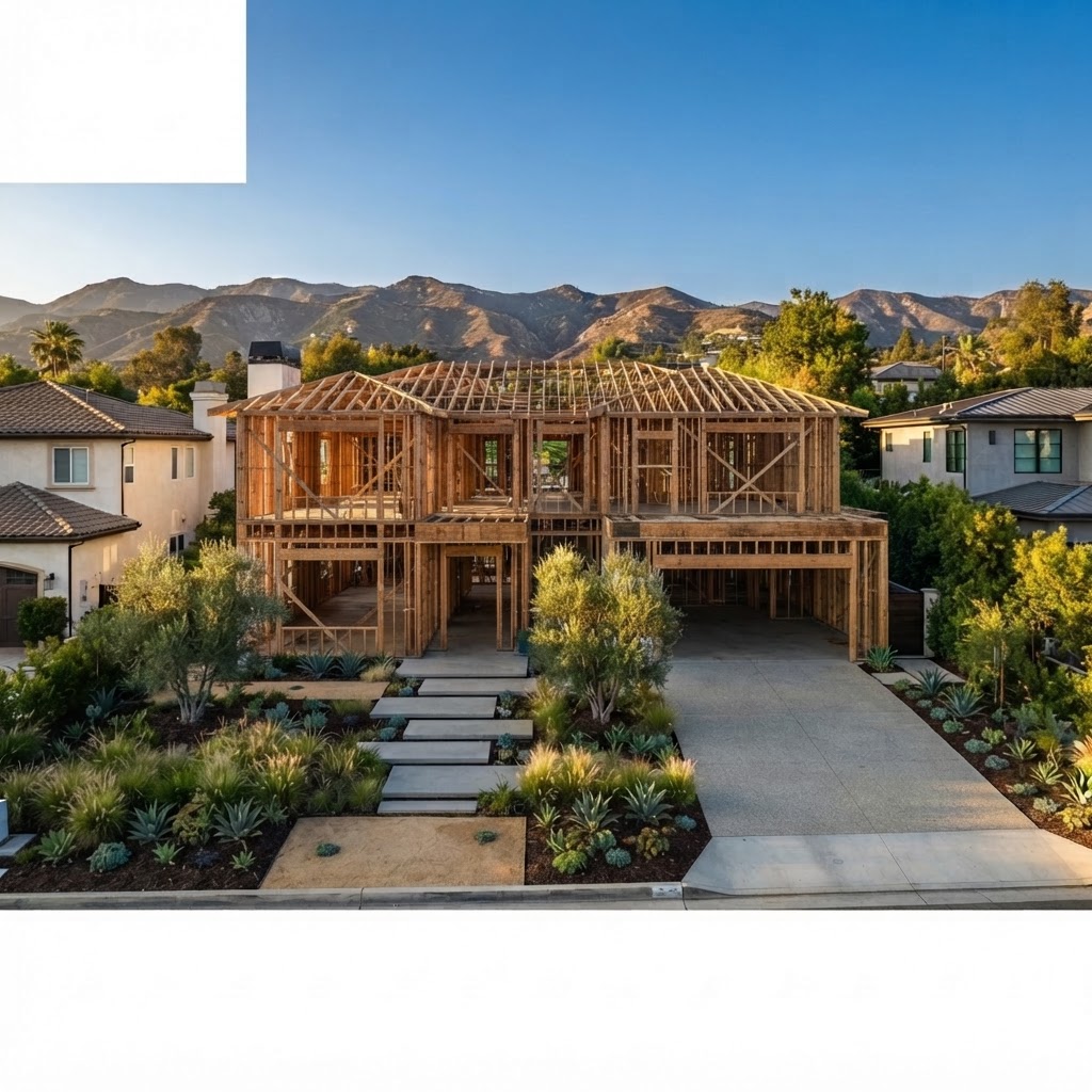 Structural Framing: Walls, floor joists and roof rafters go up to the engineer's plan, with shear walls and hold-downs for Southern California seismic code.