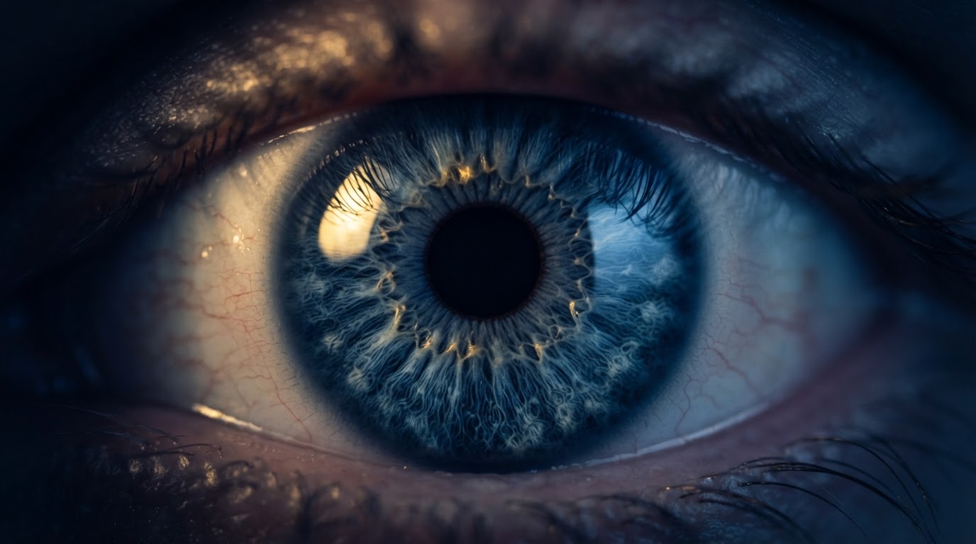 Macro fotografía de iris humano con reflejos dorados