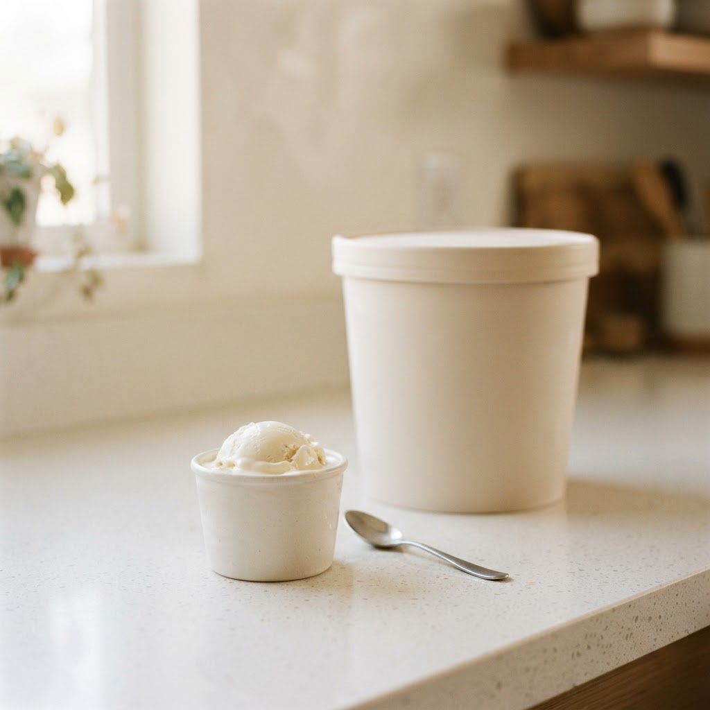A single-serve dessert cup next to a family-size pack, the honest portion comparison