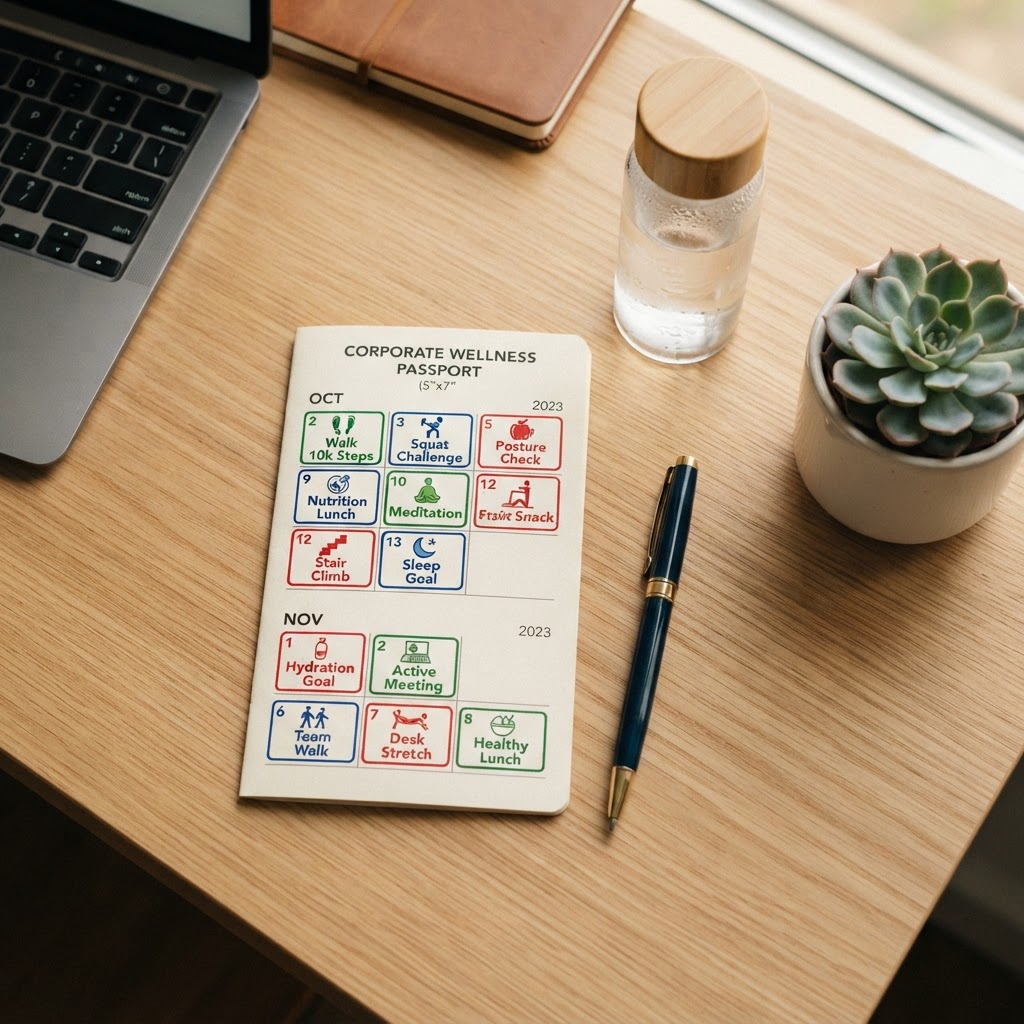 A corporate wellness passport stamp card with completed activity marks on an office desk