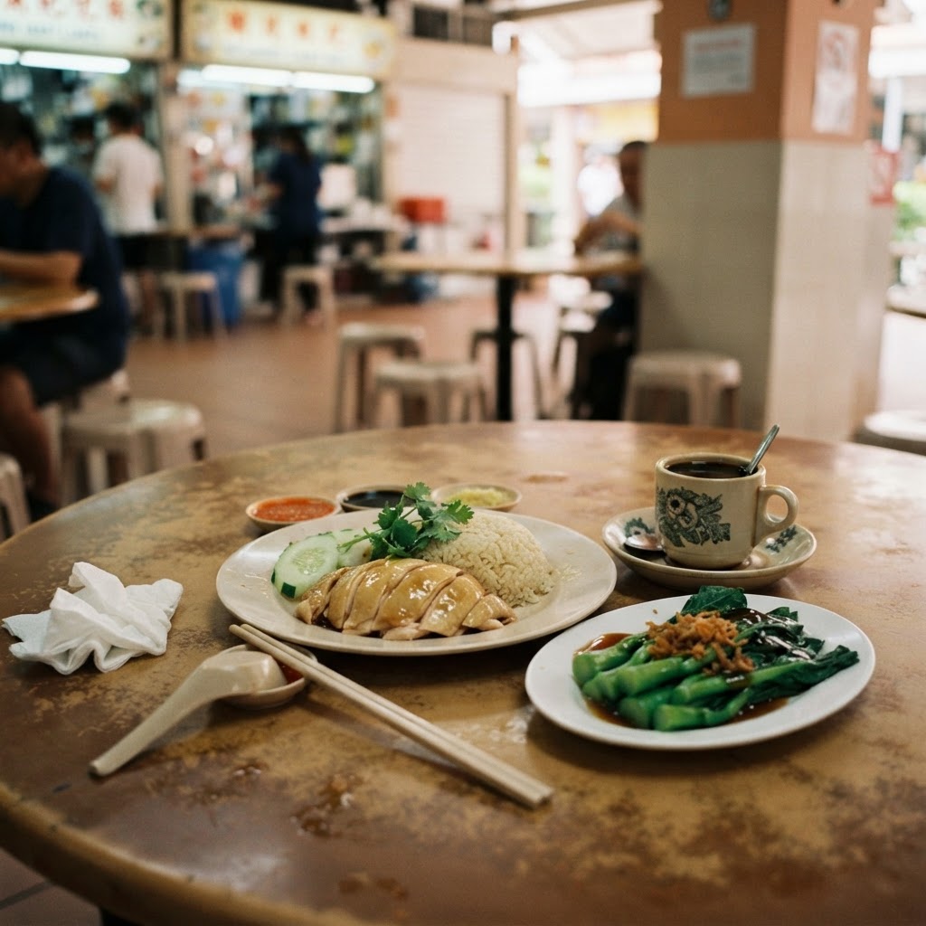 A guilt-free hawker lunch: chicken rice with extra greens and a kopi O on the side