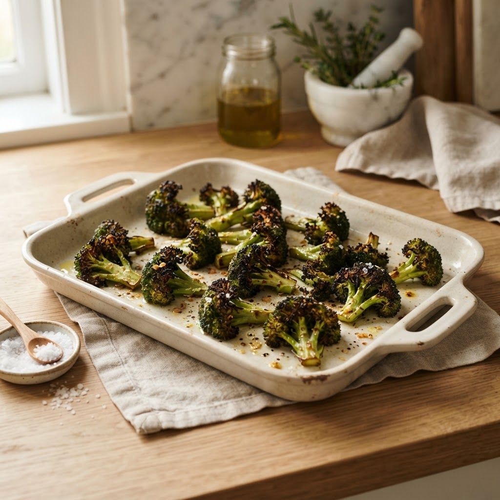 Roasted broccoli on a baking tray or in a bowl