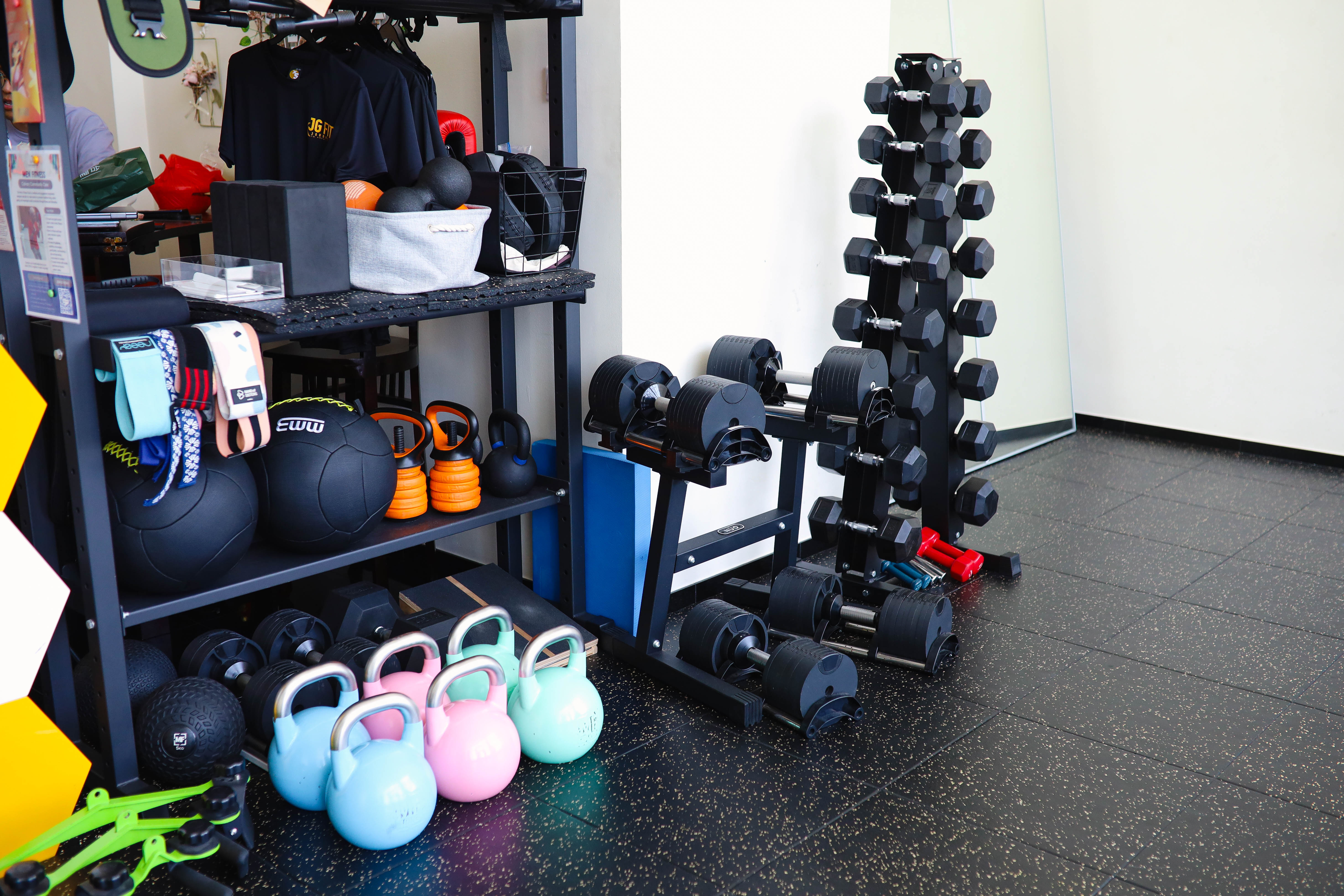 Dumbbell and kettlebell rack at the JG Fit studio