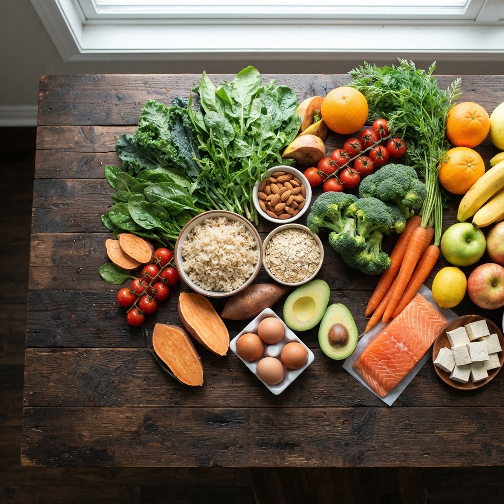 A vibrant whole-foods spread in wet market colours