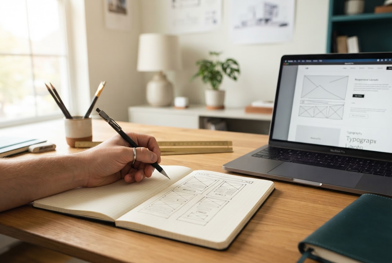 Designer sketching wireframes on grid paper next to a laptop