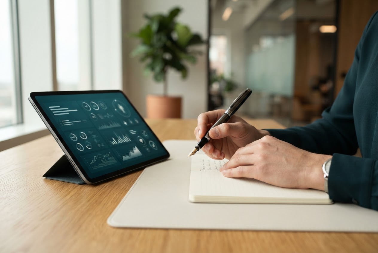 Professional hands with fountain pen over a clean desk, representing precision and expertise