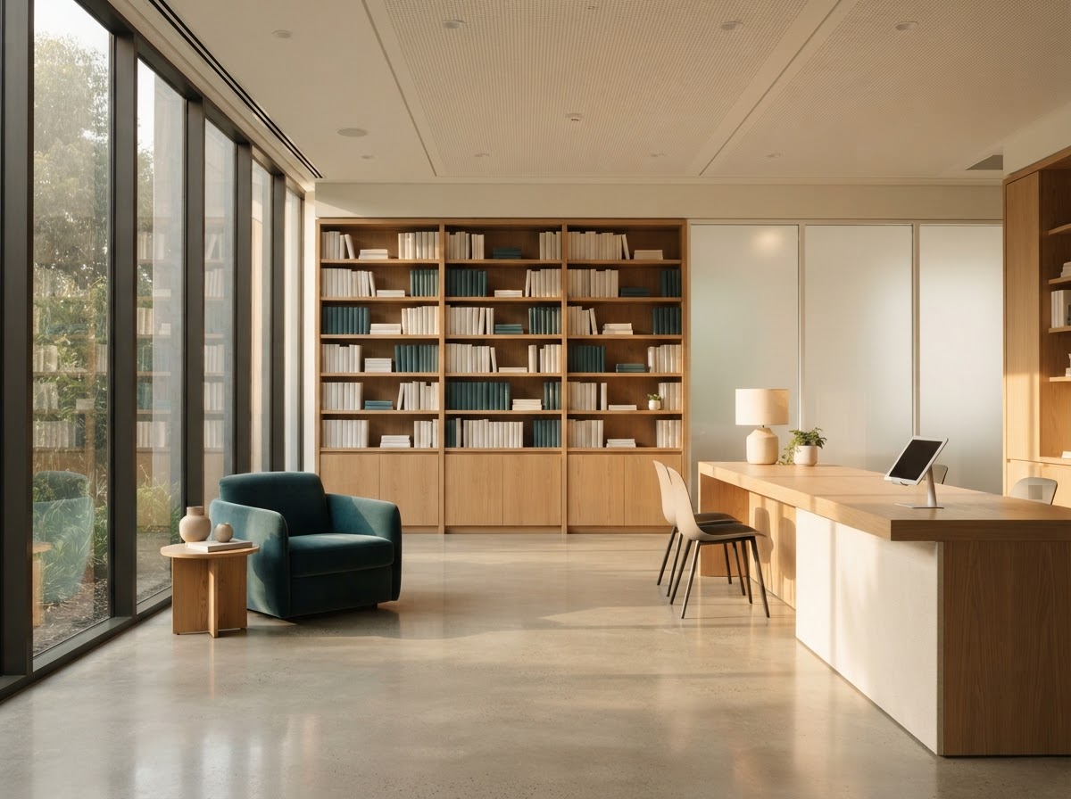 Modern sun-drenched private clinic reception with warm oak shelving and natural light