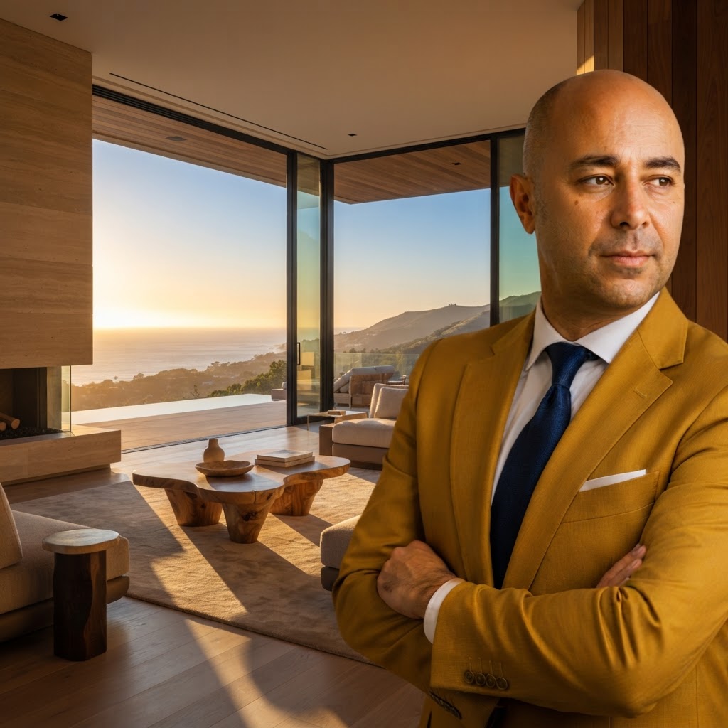 Pedro Martins Flor — consultor imobiliário num ambiente arquitetónico minimalista