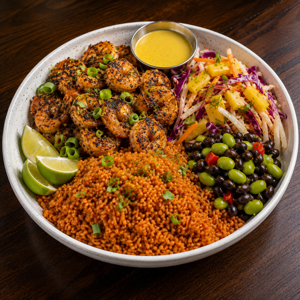 Coastal Jerk Shrimp Jollof Crunch Bowl