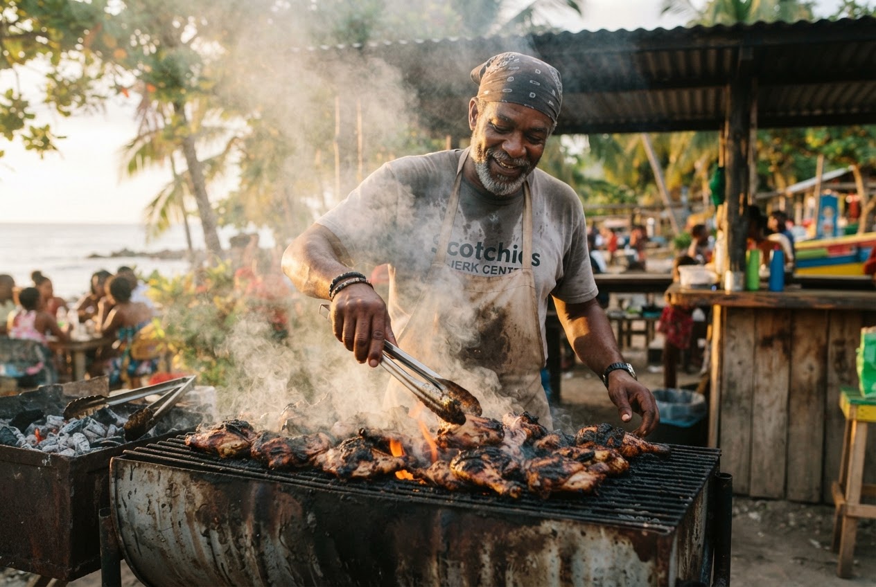 Jamaican chef grilling jerk chicken