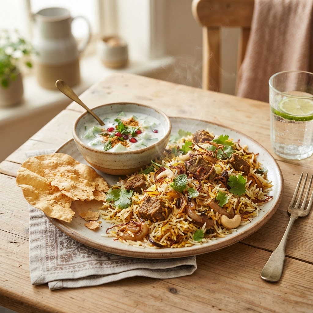 BEEF BIRYANI W RICE RAITA AND PAPADAM