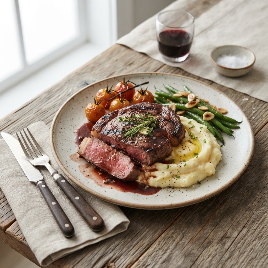 BEEF STECK W MASED POTATO OR RICE