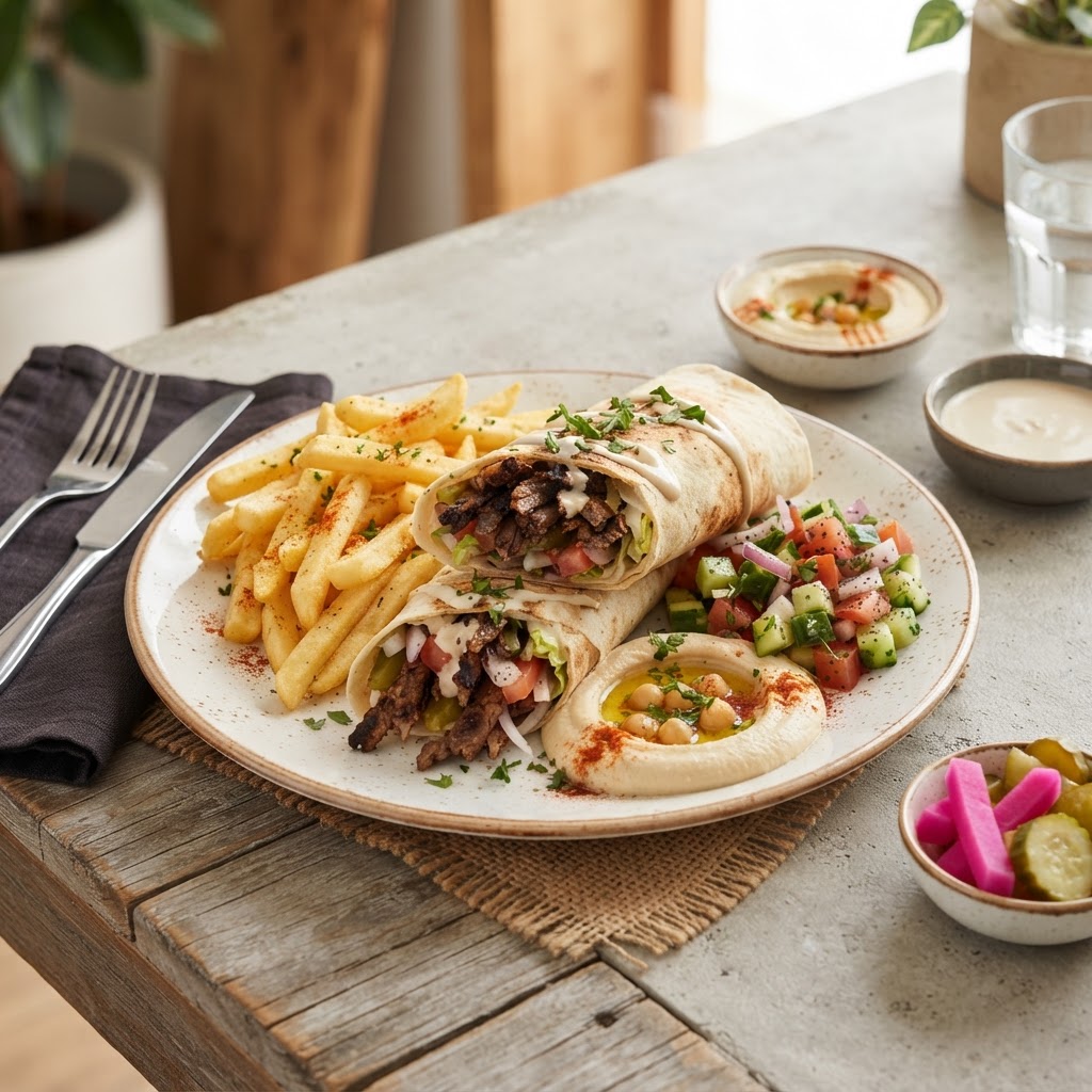 BEEF SHAWARMA W FRENCH FRY HUMMUS TAHINA VEGETABLE